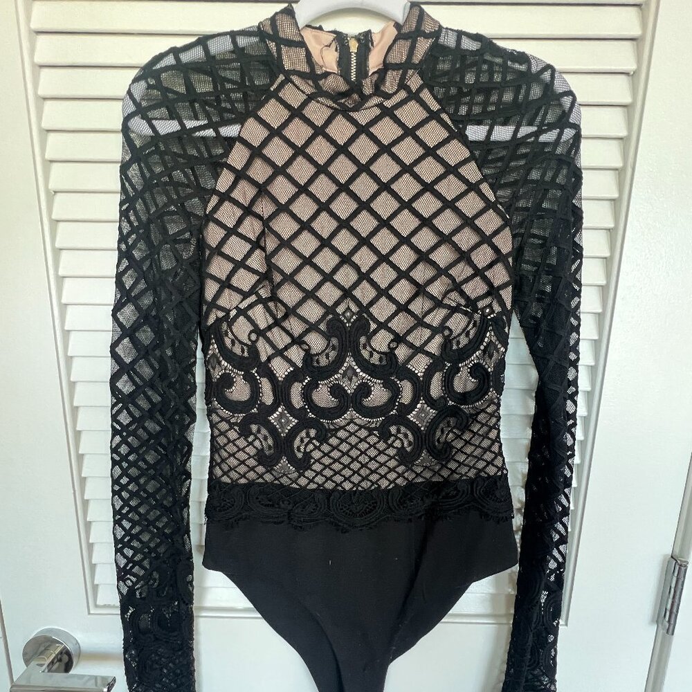 Akira Black Label Lace Black Nude Bodysuit. Sz S